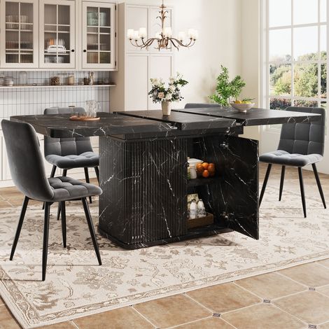 Ensemble table à manger extensible 140/180x80x76,5 cm avec 4 chaises, rangement intégré, plateau rabattable, chaises Velours, effet marbre Noir (1/5)