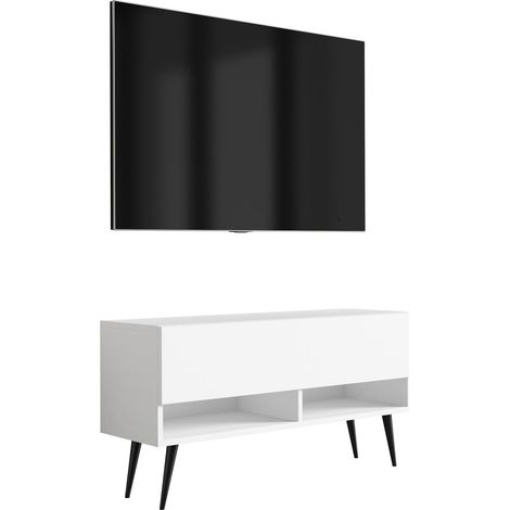Meuble TV 100 cm Blanc Mat, pieds obliques noirs, 100 × 32 × 52 cm (1/5)
