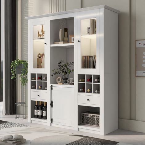 Vetrina LED 143x45,5x170 cm in MDF bianco con contenitore integrato per soggiorno – MEUBLIV