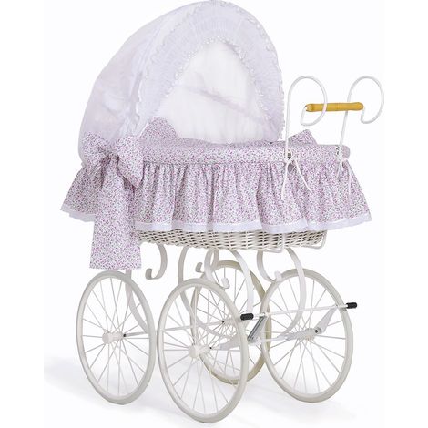 Moisés de mimbre retro Jasmine con capota plegable - Ropa de cama de encaje blanco y rosa (1/4)
