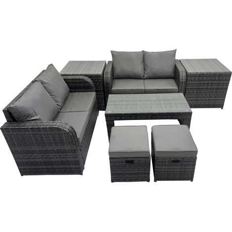Fimous 3 Seater Sofa Reclining Chair Coffee Table Set Rattan Garden Outdoor Furniture Set with 2 Side Tables 2 Small Stools Dark Grey Mixed (1/5)