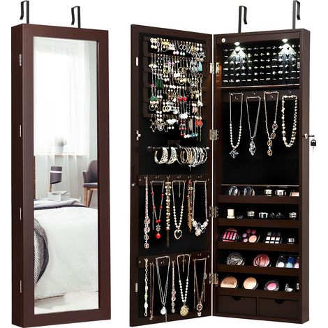 Armadio per gioielli con specchio e luci LED, Organizer al muro o sulla porta con ganci regolabili Marrone (1/4)