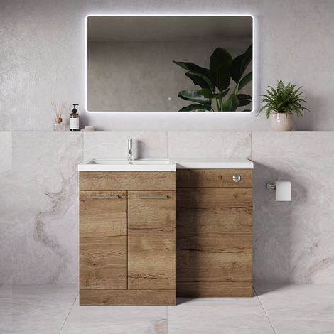 Napoli 390 Tobacco Oak 1100mm 2 Door Vanity Unit Toilet Suite with Square Left Hand Lucia Basin - 1100mm - Chrome 160mm HandleWithout Kingston Toilet Pan