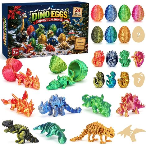 Calendrier de l'Avent 2026 Dinosaures, 24 figurines 3D imprimées œufs de dino à collectionner (1/5)