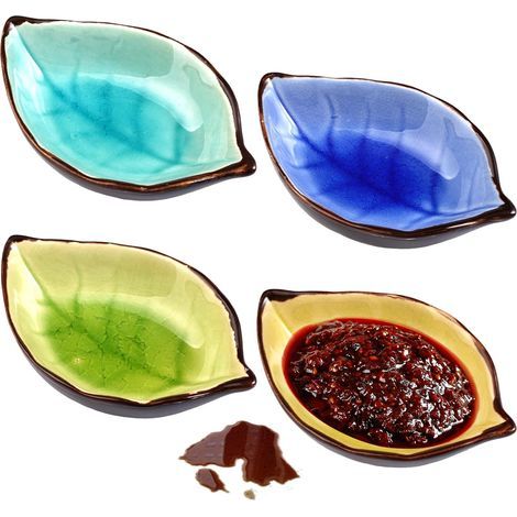 Lot de 4 bols à sauce soja en céramique - 10,8 x 7 x 2,8 cm - En forme de feuille - Petits bols pour sauces, épices, apéritifs, fruits, collations (1/5)