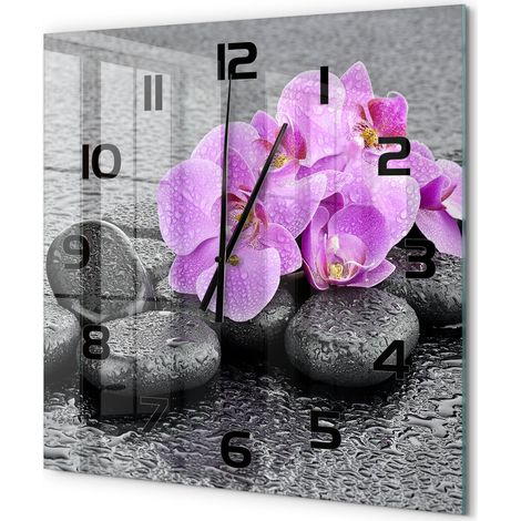 Grande Horloge Murale Carrée Verre Trempé Chiffres Lisibles Silencieuse Moderne Orchidée et pierres 60x60 cm (1/5)