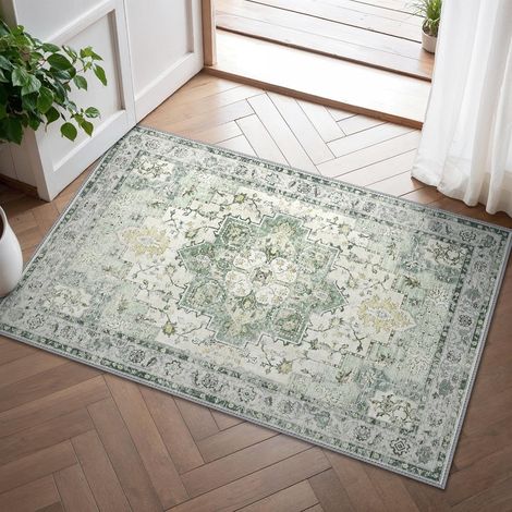 Tapis Vintage, Boho Lavable avec Dos Antidérapant, 60x90 cm Tapis Imprimé pour Entrée, Couloir et Corridor,Vert