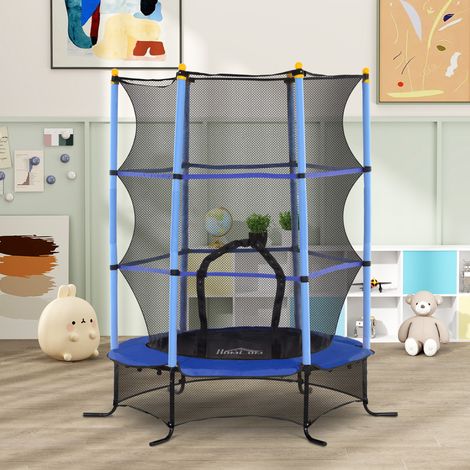 Trampoline Enfant Ø 1,63 × 1,9H m Filet de sécurité Porte zipée Couvre-Ressorts 6 poteaux rembourrés Inclus Bleu (1/5)