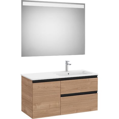 Pack meuble "The Gap" 1000 - 2 tiroirs + 1 porte + lavabo à droite slim + miroir LED - noyer/poignées noires - Roca (1/2)