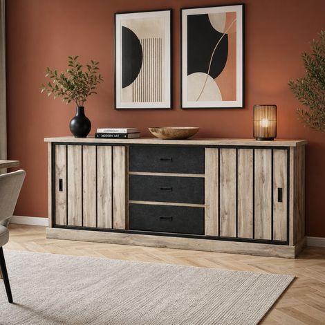 Buffet bas moderne chêne gris 2 portes coulissantes ALICIA (1/5)