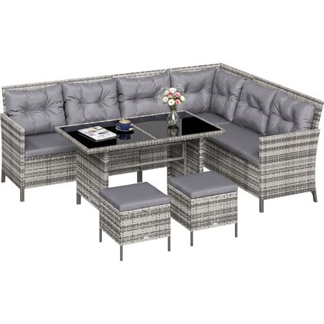 Grey 8-Seater PE Wicker Patio Sofa Set with Glass Table and Cushions (1/5)