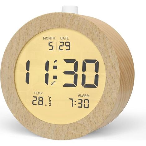 Réveil Numérique en Bois, Réveil Matin LCD Horloge Numérique avec Affichage Date, Température, Snooze, Rétro-éclairage, Horloge Digitale Alimenté par Pile【3 Piles AAA Nécessaires】 (1/5)
