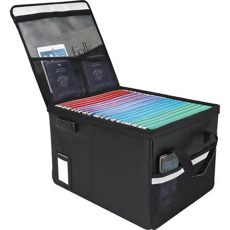 Boîte de rangement ignifuge améliorée de 2871 °C avec serrure, coffre-fort portable pour accrocher des lettres/dossiers juridiques, 40,9 x 32,8 x 27,9 cm (noir) (1/5)