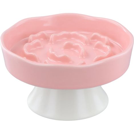 Comedero de cerámica elevado de alimentación lenta para gatos, anticolisión, base antideslizante, diseño ergonómico para el cuello, apto para comida seca y húmeda, color rosa.