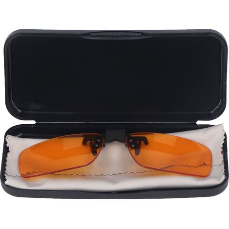 180° drehbare Clip-On-Sonnenbrille mit Blaulichtfilter, orangefarbene Gläser, 99 % Schutz, 400–500 nm, Polycarbonat, universeller Tragekomfort (1/5)