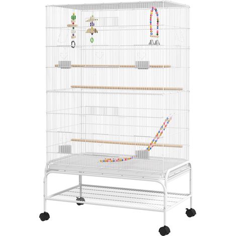 Cage oiseaux sur pieds roulettes 4 mangeoires 3 perchoirs blanc 79 x 49 x 133 cm (1/5)