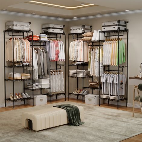 Imposant capacité 890 lbs – Coiffeuse indépendante en métal robuste – 4 tringles, 6 étagères – Rangement modulable pour chambre – Couleur noire