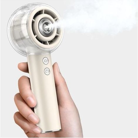 Ventilateur Brumisateur Portable à Main, Mini Ventilateur USB Puissant, Moteur Turbo, Batterie Rechargeable 6000mAh, 4 Vitesses, pour Voyage, Extérieur, Cadeau Été Femme Homme (Beige)