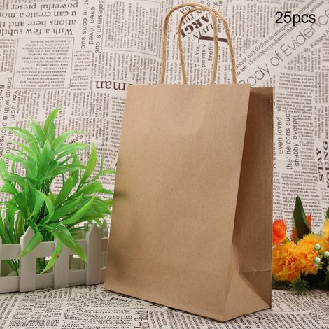 25 Stück Geschenktüten aus Kraftpapier mit Henkel, gelb, ideal als Gastgeschenktüten für Hochzeiten, Süßigkeiten oder andere Gastgeschenke. (1/5)