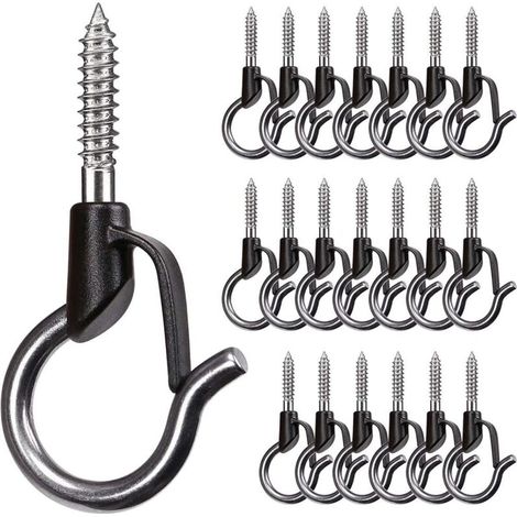 20pcs Screw-in Hook for Christmas Light, Garden Hanging Plants, Wire, Cups, Kitchen Utensils with Safety Buckle, Black