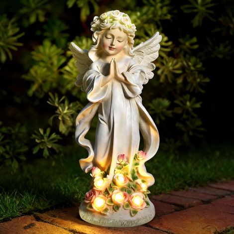 Estatua de ángeles para jardín al aire libre, luz solar de ángel rezando, escultura de ángel de la guarda con luz LED solar, encendido automático, resistente a la intemperie para patio, porche, patio, (1/5)