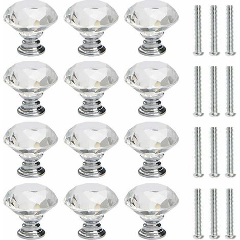 Lot de 12 poignées de porte en cristal diamant de 30 mm avec vis, pour décoration de portes, placards et tiroirs de meubles, couleur argent. (1/5)