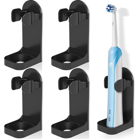 Lot de 4 supports pour brosses à dents électriques, organisateur mural autocollant en ABS avec système d'évacuation, idéal pour gagner de la place sur le plan de travail de la salle de bain, noir. (1/5)