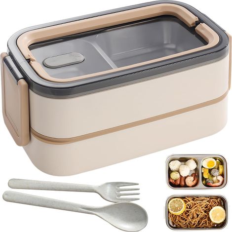 Zweistöckige, BPA-freie Edelstahl-Lunchbox mit Fächern und Besteck, ideal für Reisen.