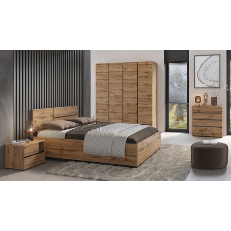Conjunto de Dormitorio HAVANA en roble y negro - Cama con almacenamiento 180x200, armario de 4 puertas, mesitas de noche y cómoda (1/5)