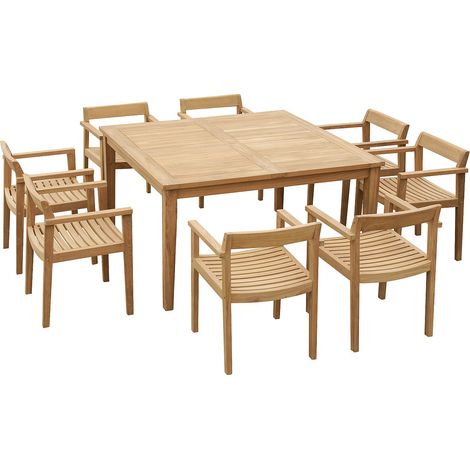 Sala da pranzo da giardino in Legno di teak: 1 tavolo quadrato + 8 poltrone Naturale chiaro - ALLENDE