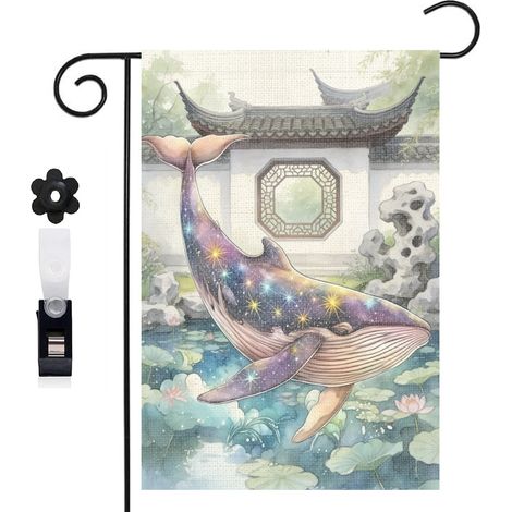 Drapeau de jardin bienvenue 30 x 45 cm motif baleine et étoiles marines style féerique toile double face (1/5)