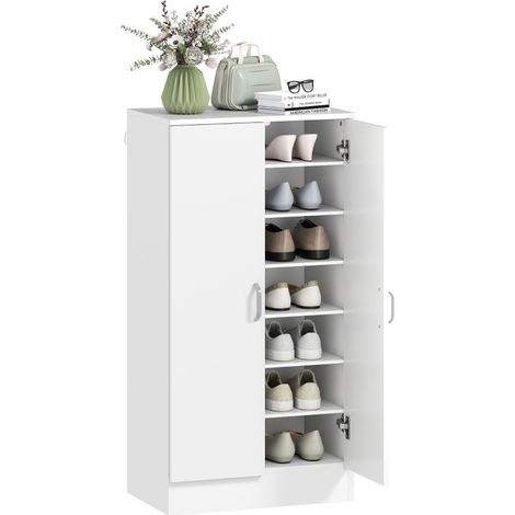 Armoire à chaussures blanche en bois, 6 étages à tablettes ajustables et charnières à fermeture douce. 14 paires, 55×35×108 cm, pour l'entrée