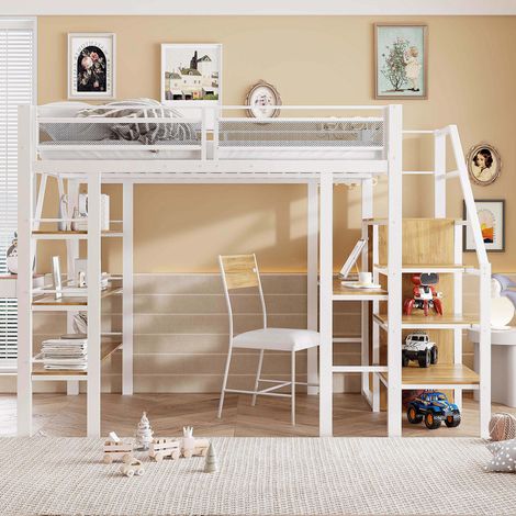Lit mezzanine fer blanc 140×200cm,3 étagères rangement,bureau,armoire,marches sécurité,clôture haute,lit simple polyvalent pour enfants