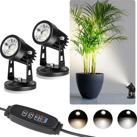 Lot de 2 spots LED d'intérieur à intensité variable au sol 3 W pour plantes, 3 modes d'éclairage couleur et fonction minuterie marche/arrêt automatique (1/5)