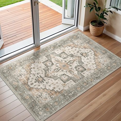 Tapis Entree Interieur Vintage 60x90cm Lavable en Machine AntidéRapant Poil Ras, pour Chambre Salle a Manger Descente de Lit Bureau, Cuisine, Gris Taupe (1/5)