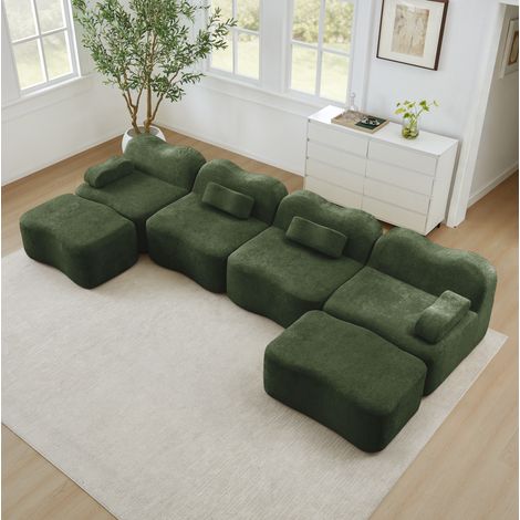Sofá modular en U de 4 plazas con 2 otomanas, terciopelo verde DESVIAE (1/5)