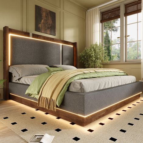MEUBLIV Lit 140x200 cm gris et noyer – coffre relevable, LED, sommier, sans matelas (1/5)