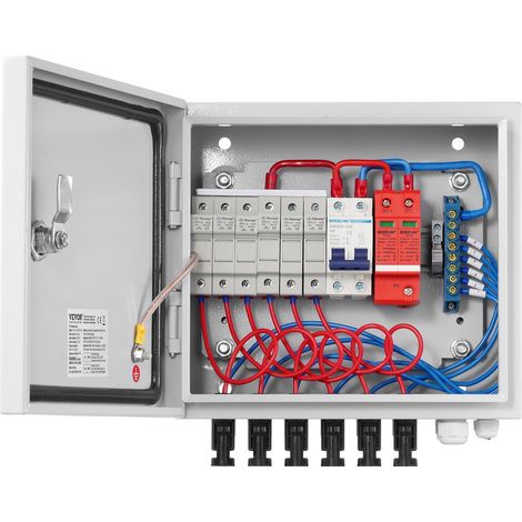 Boîtier de raccordement photovoltaïque, 6 chaînes, avec fusible de 10 A, disjoncteur de 63 A, parafoudre et connecteur solaire, boîtier en acier pour système de panneaux solaires raccordé/détaché au r (1/5)