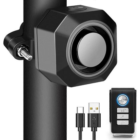 Alarma antirrobo para bicicleta recargable por USB, alarma inalámbrica para motocicleta con soportes de montaje, alarma para coche con sensibilidad ajustable, dispositivo con mando a distancia. (1/5)