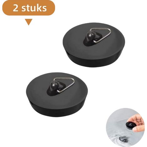 Lot de 2 bouchons : bonde de baignoire, bonde d'évier, bouchon pour évier de cuisine, bonde pour balcon ou buanderie, noir, avec boucle triangulaire. (1/5)