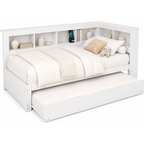 Lit de jour 90 x 200 cm convertible avec lit gigogne, prises et 2 ports USB, sommier à lattes, blanc, pour petite chambre ou salon gain de place - CHICFURN (1/5)