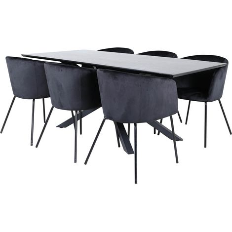 PiazzaBLBL Essgruppe Esstisch schwarz und 6 Berit Esszimmerstühle Velour schwarz.