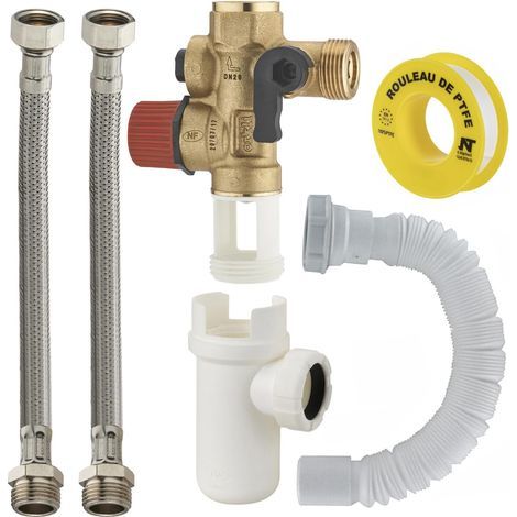 Sicherheitsanschluss-Set für die rechte Seite, verstellbarer Siphon, flexible Edelstahlschläuche, für Warmwasserbereiter (1/5)