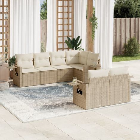 Ensemble de canapé de jardin 7 pièces avec coussins, en polyrotin beige (1/3)