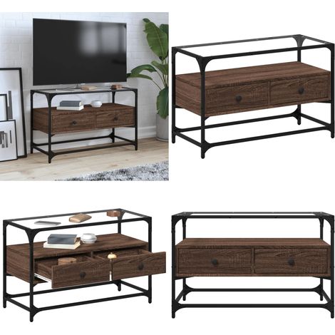 Meuble TV avec dessus en verre chêne marron bois d'ingénierie - Meuble Tv - Meuble Téléviseur - Support Tv - Unité Tv - Meuble Industriel - Home & Living