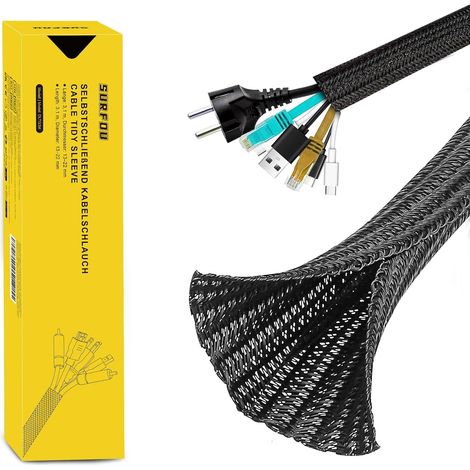 Cache Cable 3.1m X 13mm, Gaine Tressée Noir Rangement, Protection Fil Electrique, Range Cache Câble Protege Cables Fils Gaines Souple Fendue Câbles Flexible (1/5)