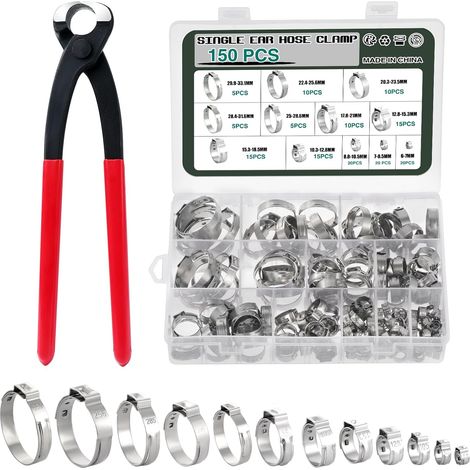 150 Pcs Colliers de Serrage à Oreille Unique,Acier Inoxydable 304,12 Tailles avec Anneaux de 6-33.1mm, Colliers de Serrage Simples,Collier de Serrage à Sertir Sans Palier (1/5)
