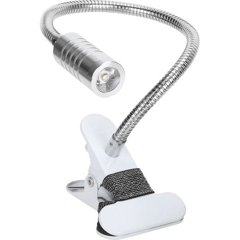 Lampe de bureau LED flexible à clip argentée, lumière chaude, alimentation USB, parfaite pour la lecture.
