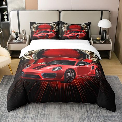 Housse de couette 200 x 200 cm - En 100 % coton - Motif voiture de course rouge - Avec housse de couette et 2 taies d'oreiller (1/5)