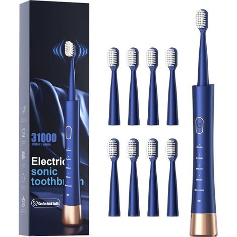 Brosse à dents électrique Sonicare étanche IPX7, charge rapide en 2 heures avec rappel intelligent, 5 modes, 8 têtes de brosse, voyage, intérieur, extérieur, bleu (1/5)